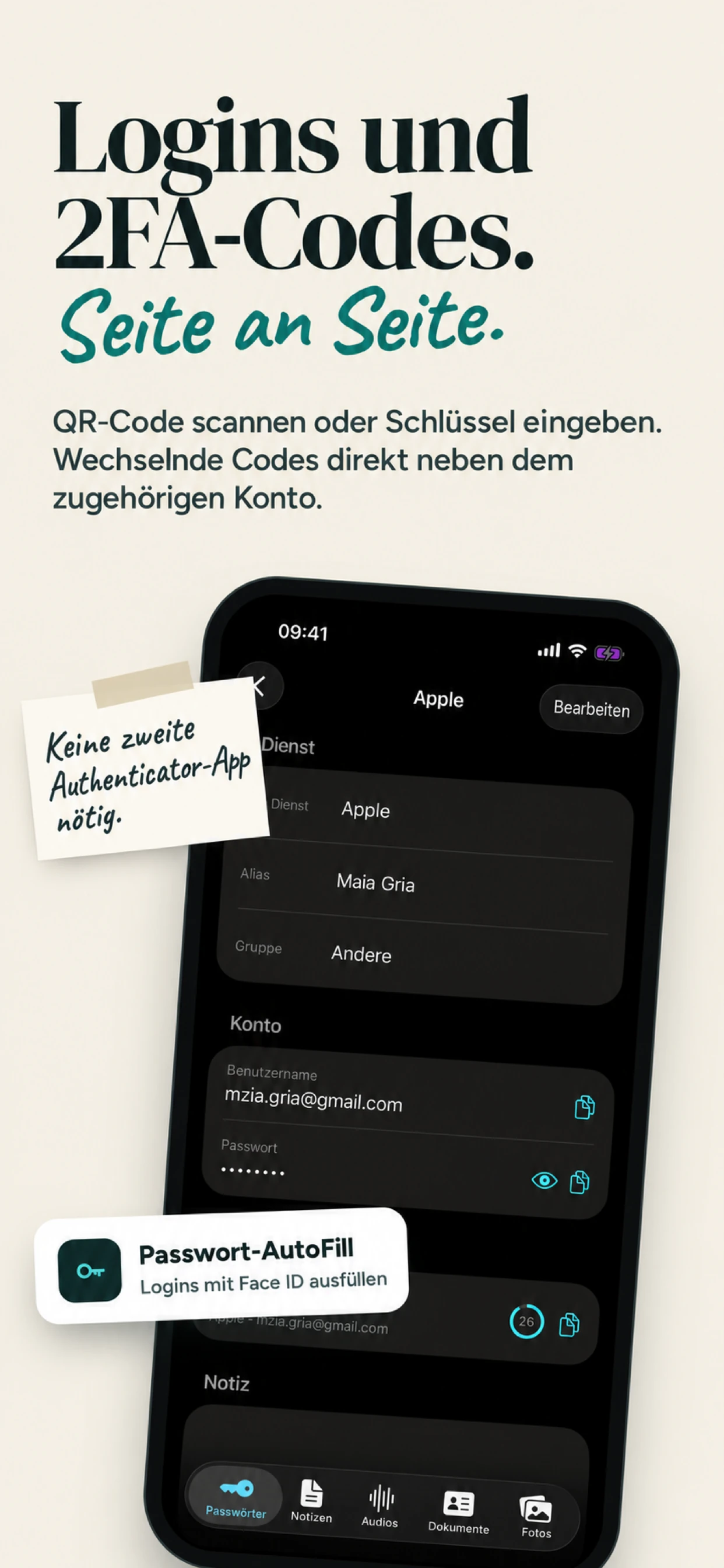 Passwörter, automatisches Ausfüllen und Zwei-Faktor-Codes in SecureKit