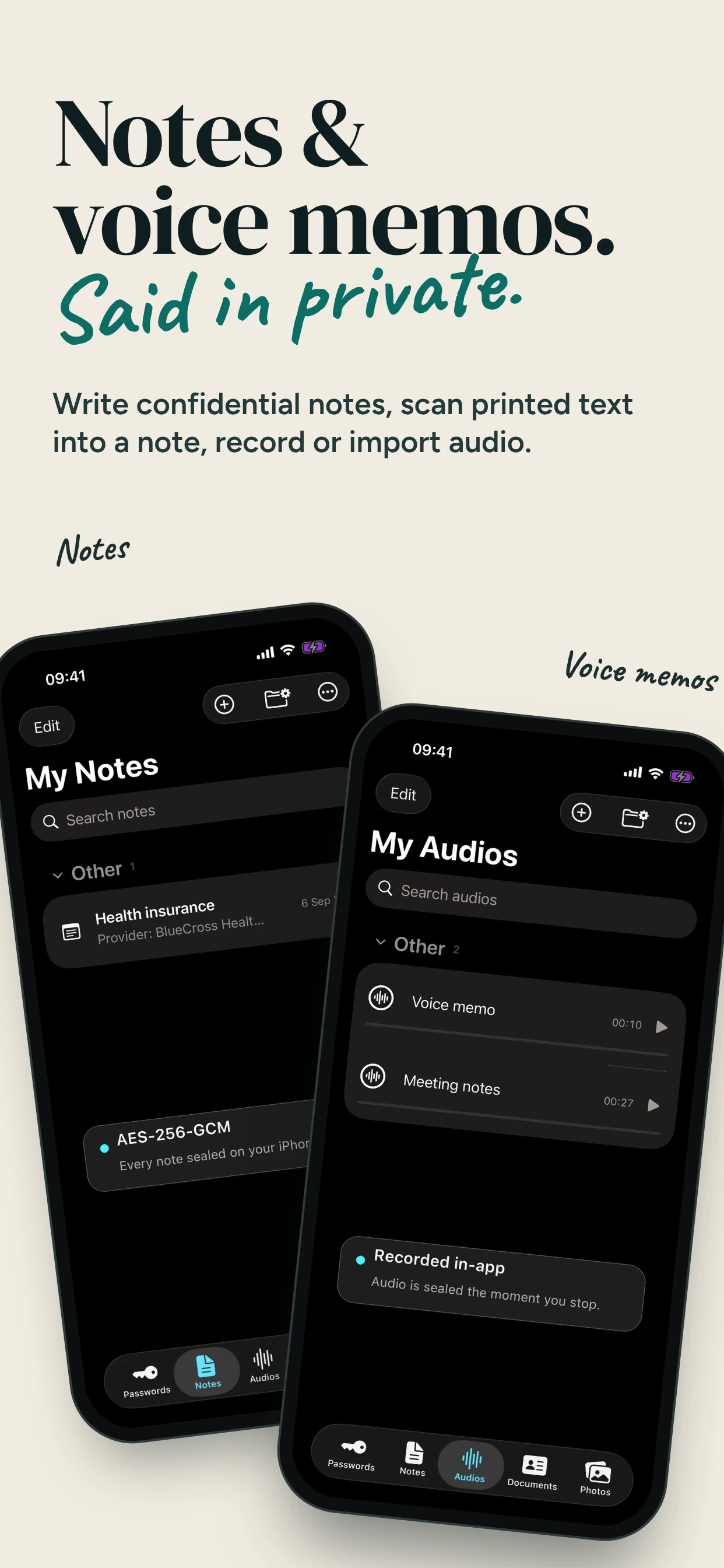 Private notes and encrypted audio recordings in SecureKit