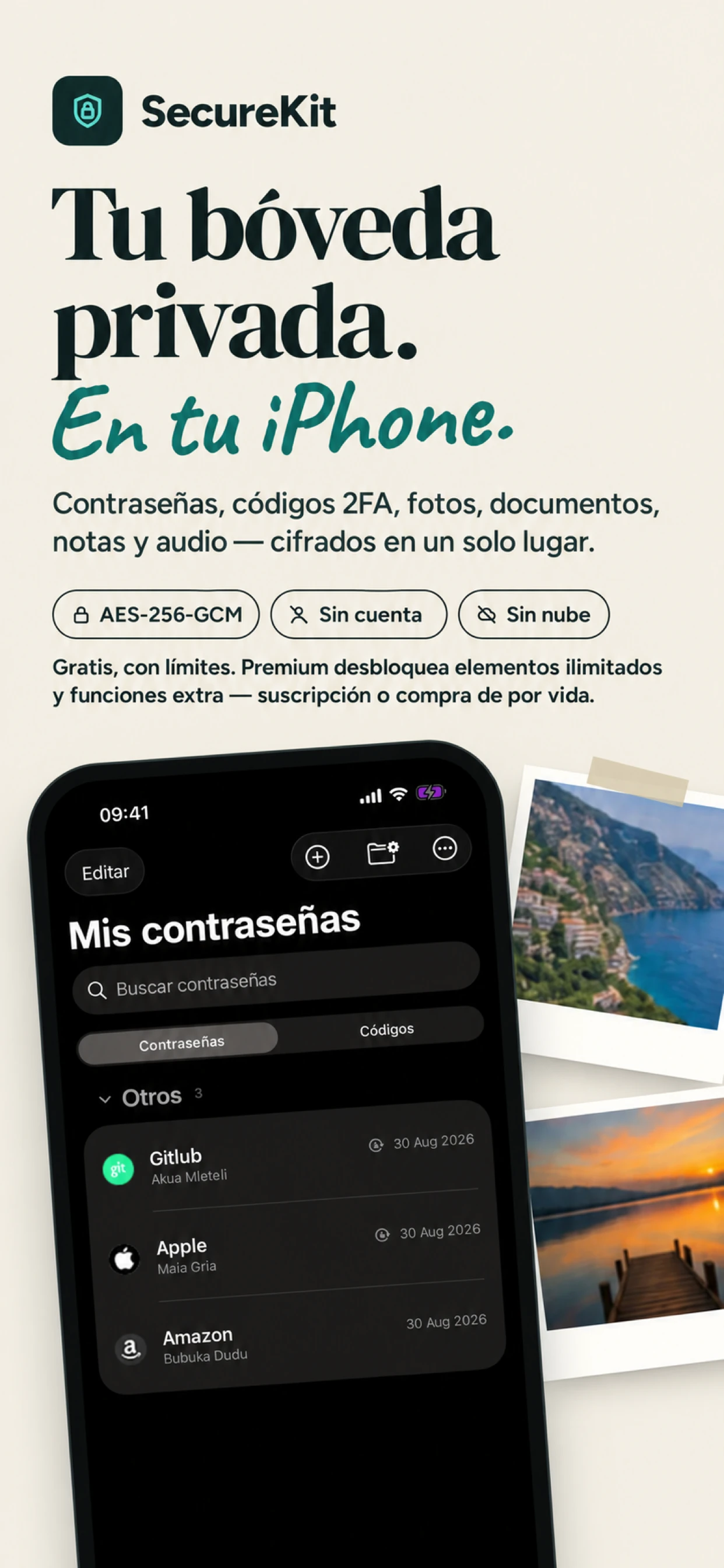 Bóveda cifrada de SecureKit para iPhone con acceso gratuito y Premium opcional