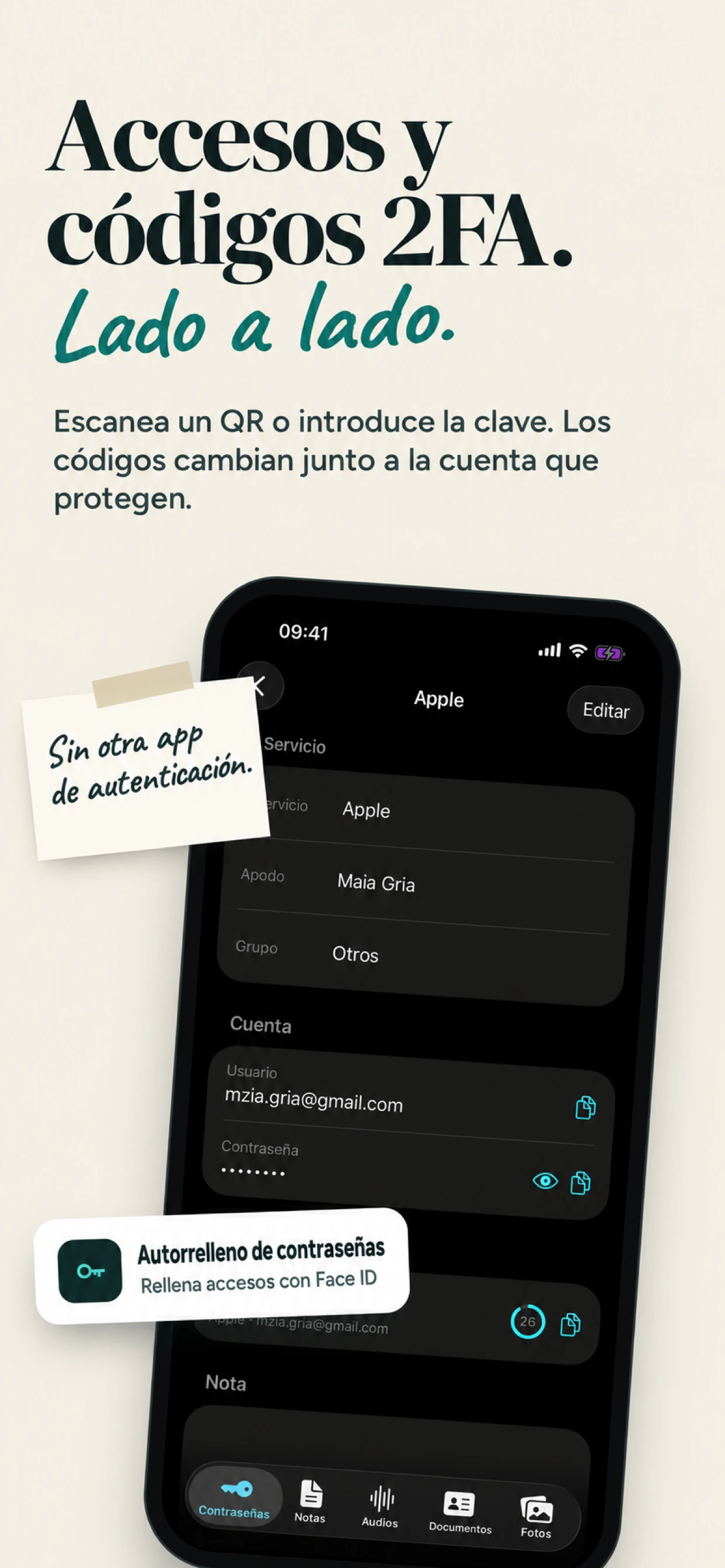 Contraseñas, autorrelleno y códigos de doble factor en SecureKit