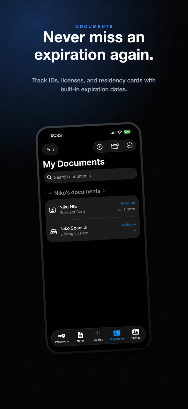 SecureKit document vault showing IDs and licences with expiry dates