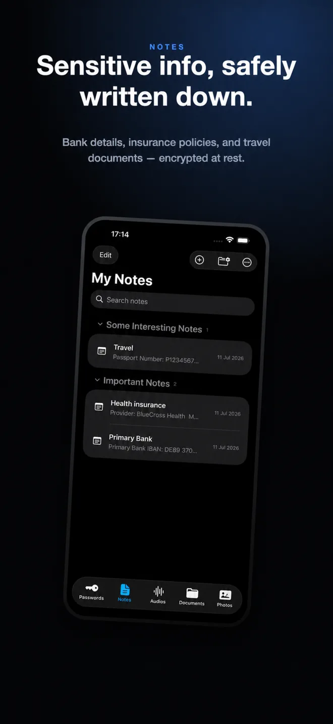 SecureKit encrypted private notes holding bank and insurance details