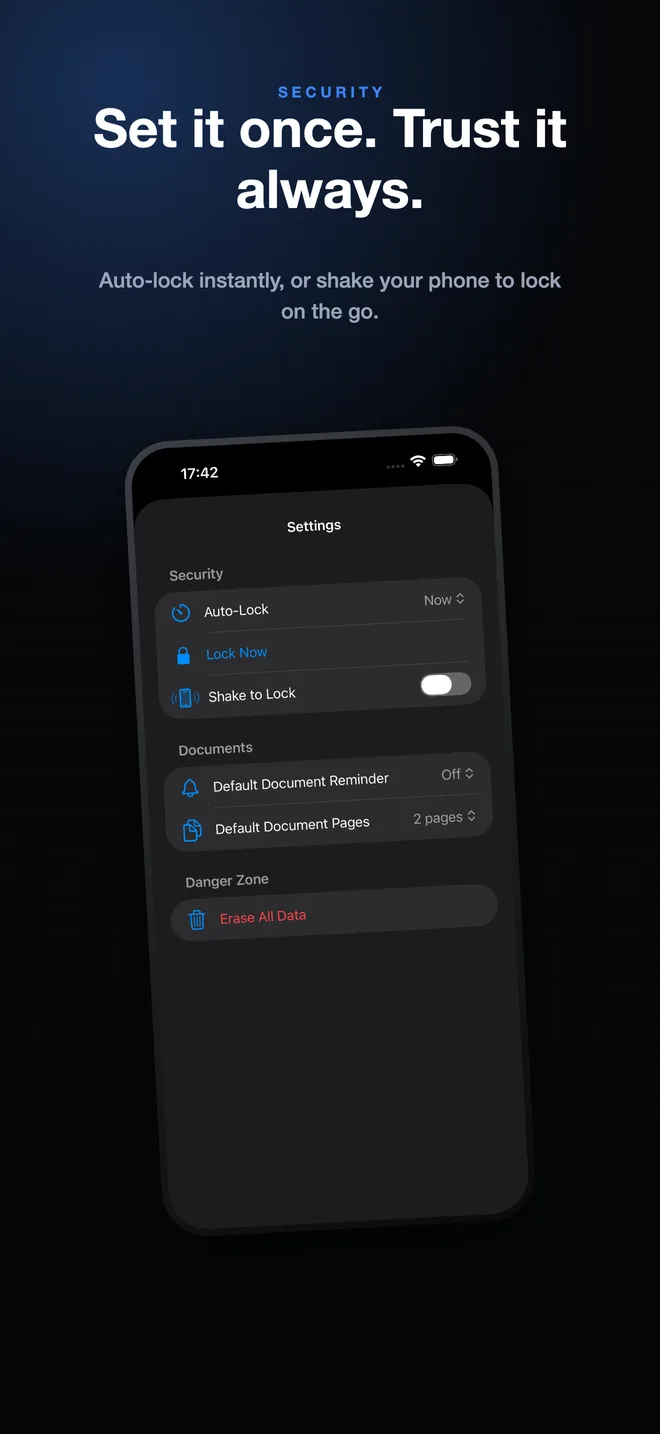 SecureKit security settings with auto-lock and shake to lock